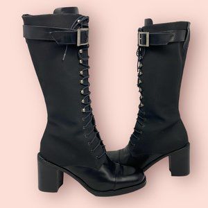 Maschio | Tall Leather Lace-up Buckle Heeled Boots